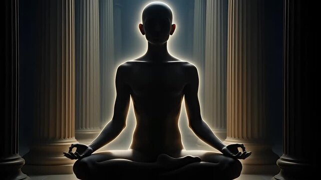 Person meditating in lotus pose between glowing ancient columns