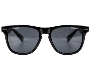 A pair of black framed sunglasses with dark lenses on a plain black background