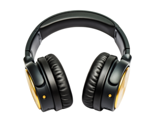High quality black and gold over ear headphones on a sleek black background