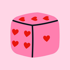 Cute dice with heart-shaped symbols. Valentine&rsquo;s Day and romantic love concept, symbol of love and luck. Minimal flat vector illustration, isolated object on light pink background.