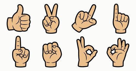 Cut Out Hand Emoji Gestures with halftone hands signs, vintage dotted stickers, modern retro vector illustration for creative collage, scrapbook projects, and mixed media artwork.