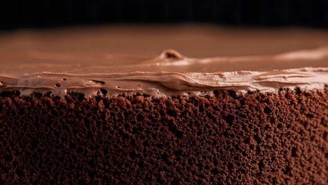 Macro Texture of Porous Chocolate Sponge Cake and Smooth Cream Frosting Layer Extreme Close Up