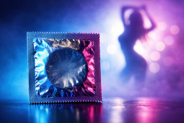 Condom In Silver Foil Packaging On Reflective Surface With Silhouette Of Dancing Woman In Neon Lights