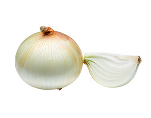 A whole and halved white onion against a black background