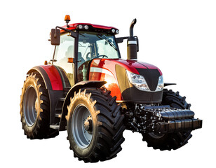 Obraz premium A red tractor with large tires and a glass enclosed cabin on a black background