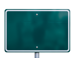 A blank green road sign with a white border and two bolt holes
