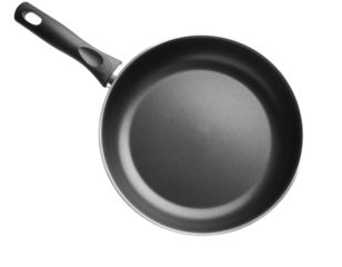 A stainless steel frying pan with a sleek handle on a black background