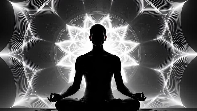 Silhouette meditating in front of glowing lotus mandala pattern