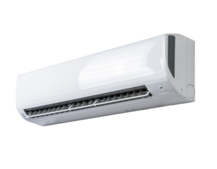 A sleek white wall mounted air conditioning unit on a black background