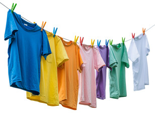 Vibrant t shirts hanging on a clothesline against a dark background