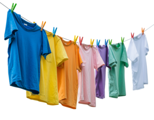 Vibrant t shirts hanging on a clothesline against a dark background