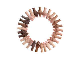 Diverse hands joined together forming a circle against black unity, Isolated, Png Transparent Background