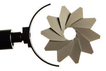 Adjustable mechanical iris diaphragm aperture with metal blades on a transparent background