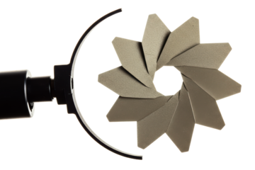 Adjustable mechanical iris diaphragm aperture with metal blades on a transparent background