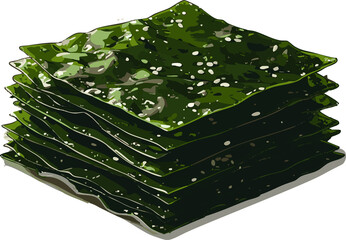 Stack of seasoned nori Kelp Kombu seaweed sheets  sesame seeds Japanese food ingredient white background