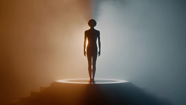 Silhouette figure balanced between warm and cool light, spiritual duality