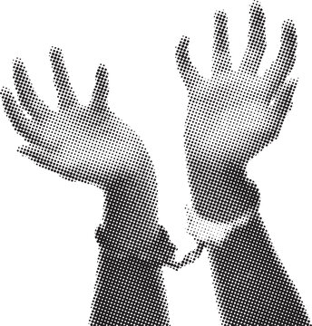 Black and white halftone illustration depicts a pair of raised hands connected by metal handcuffs symbolizing arrest or captivity.