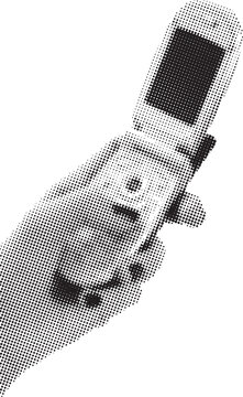 Hand holding an opened silver clamshell cell phone featuring a small external camera lens and screen display