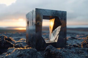 Sun setting behind mysterious metallic cube with inner triangle emerging from volcanic rocks