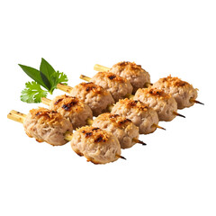 Delicious grilled meatballs on skewers with fresh herbs