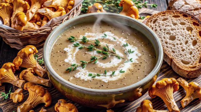 Creamy chanterelle mushroom soup with fresh thyme and sourdough bread, 4k