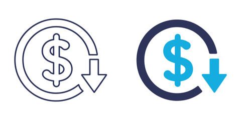 Obraz premium Cost Reduction Icon Vector showing dollar decrease sign, profit decrease symbol, cost saving illustration, financial management, business efficiency