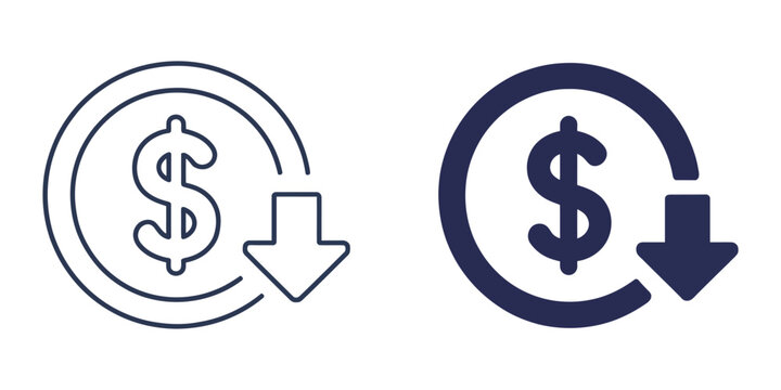 Cost Reduction Icon Vector showing dollar decrease sign, profit decrease symbol, cost saving illustration, financial management, business efficiency