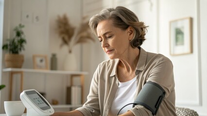 Elderly woman measuring blood pressure at home with a monitor
