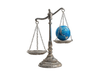 Silver scales balancing globe and empty pan justice balance, Isolated, Png Transparent Background