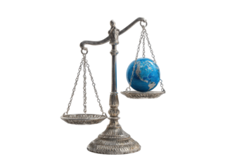 Silver scales balancing globe and empty pan justice balance, Isolated, Png Transparent Background