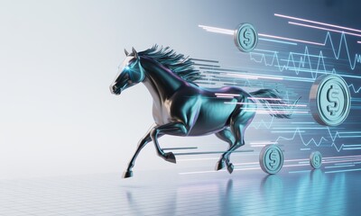 Futuristic metallic horse racing through financial data streams