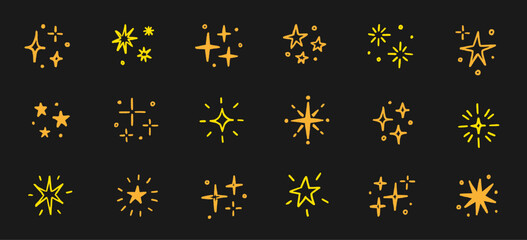 Hand drawn star background element line icon set. Cute gold star shape twinkle glitter spark shine crayon texture brush icon. Hand drawn sketch doodle. Yellow chalk decoration vector illustration