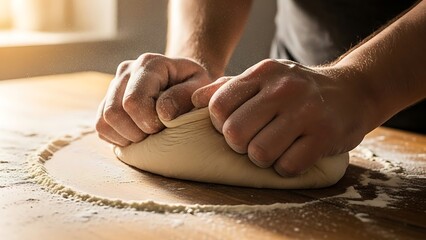 Close up of hands kneading pizza dough, flour dust visible, hands and dough in sharp focus, wooden table background, warm kitchen light from window, tactile and sensory moment