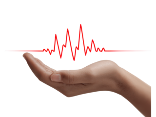 Human hand holding red heartbeat line on black background image, Isolated, Png Transparent Background