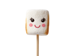 Adorable toasted marshmallow with happy face on stick roasted, Isolated, Png Transparent Background