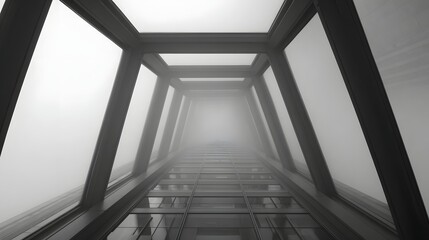 Geometric architectural lines leading upward into dense fog viewed through a modern glass and steel frame creating a surreal atmosphere