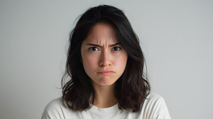 Fototapeta premium Woman with sullen expression on gray background. Expression and emotion background illustration.