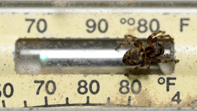 Spider on Thermometer showing temperature close up, macro shot. Animal, insect, temperature concept.