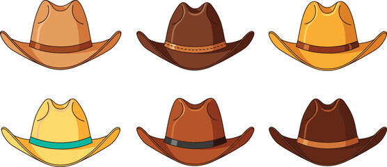 Classic western cowboy hats collection in various brown and tan shades with decorative bands for rancher sheriff country style and outback costume design.