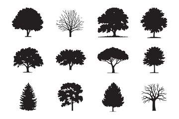 Collection of twelve different tree silhouettes vector illustrations showing various species including deciduous coniferous and bare winter trees