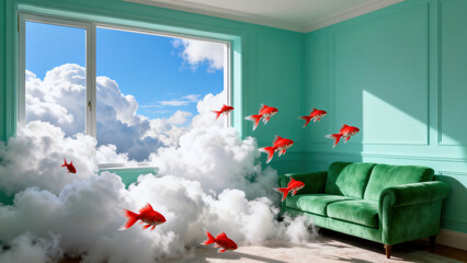 Childlike Dreamy Room: Green Sofa with Clouds and Planes