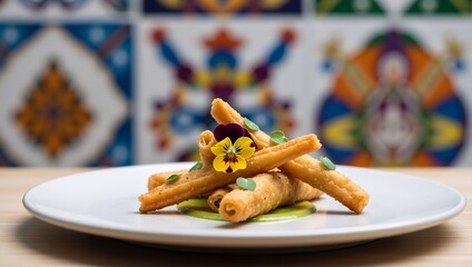 Crispy fried tacos served on a white plate with green sauce and edible flower garnish, exquisite Mexican appetizers on a wooden table with a colorful tiled background
