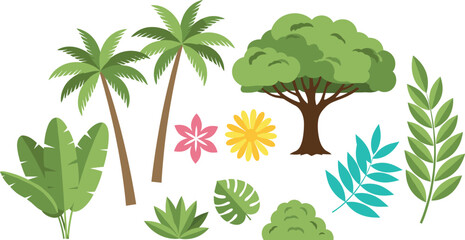 Tropical plants and palm trees collection featuring jungle foliage banana leaves flowers and green forest trees for summer island landscape vector design.