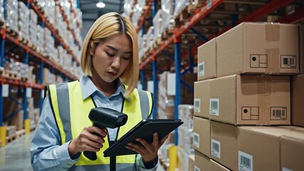 Asian female warehouse worker scanning barcodes on stacked cardboard boxes with a handheld scanner and tablet, 4k