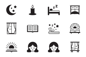 Solid black sleep icons collection featuring moon stars bedside candle bed rest reading and window with curtains set