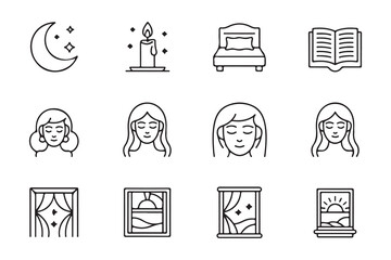 Thin line art icons for sleep routine with moon candle bed open book women faces and decorative sunset window frames