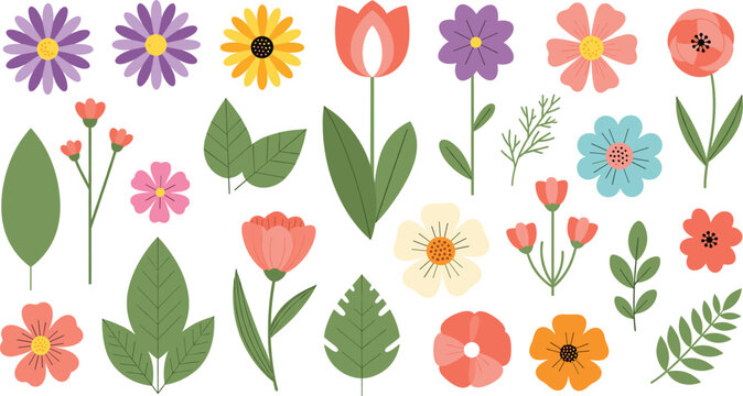 Large collection of colorful spring flowers and botanical leaves including tulips daisies poppies and greenery for garden nature background and floral design. - Powered by Adobe