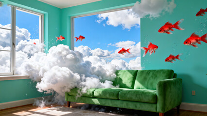 Childlike Dreamy Room: Green Sofa with Clouds and Planes