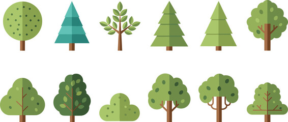 Green deciduous and coniferous forest trees collection featuring oak pine fir and garden bushes for flat style nature landscape and environment design © Aminul