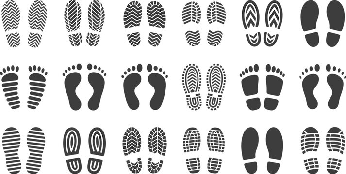 Assortment of shoe and footprint outlines in various patterns and styles Keywords: footprint, shoe, sole, print, outline